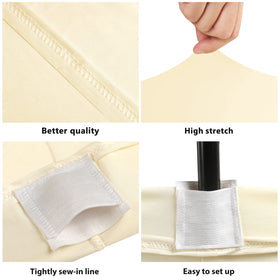 BDDC 6ft ivory stretch table cover pocket design keeps legs secured during setup.