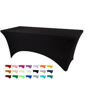 BDDC black 4ft table cover in spandex offers a secure fit for a tidy setup.