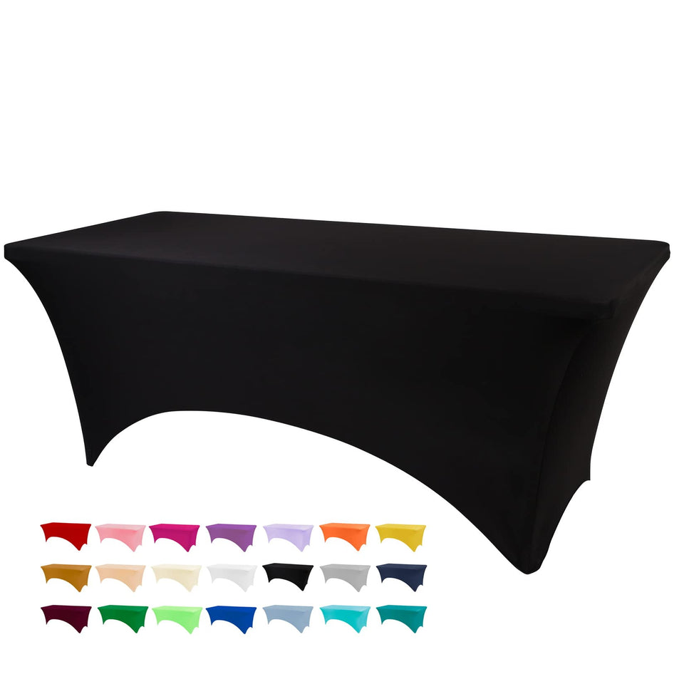 BDDC black 4ft table cover in spandex offers a secure fit for a tidy setup.
