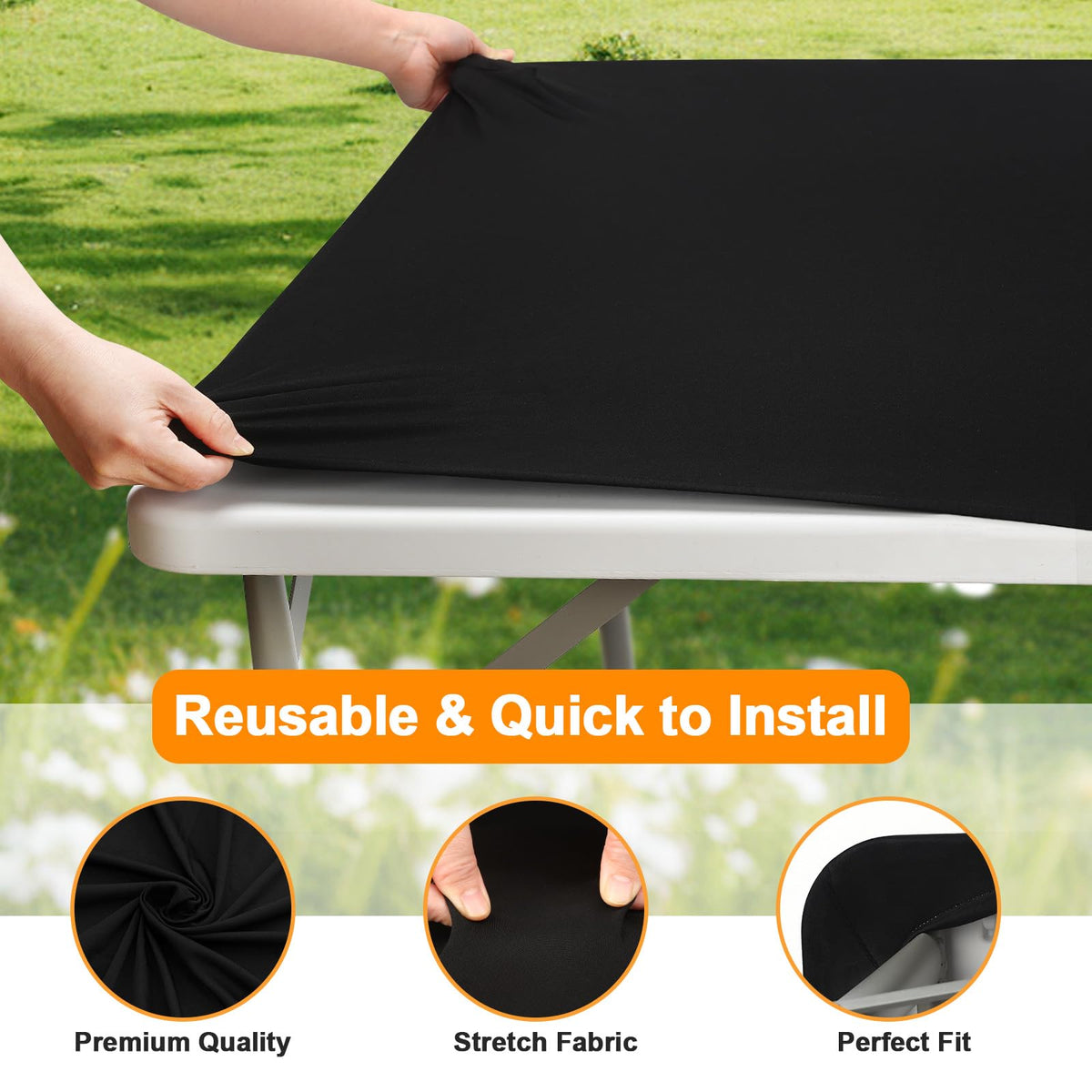 BDDC easy-install fitted table cover used during quick setup.
