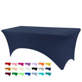 BDDC navy blue 6ft stretch table cover on a table for a polished event display.