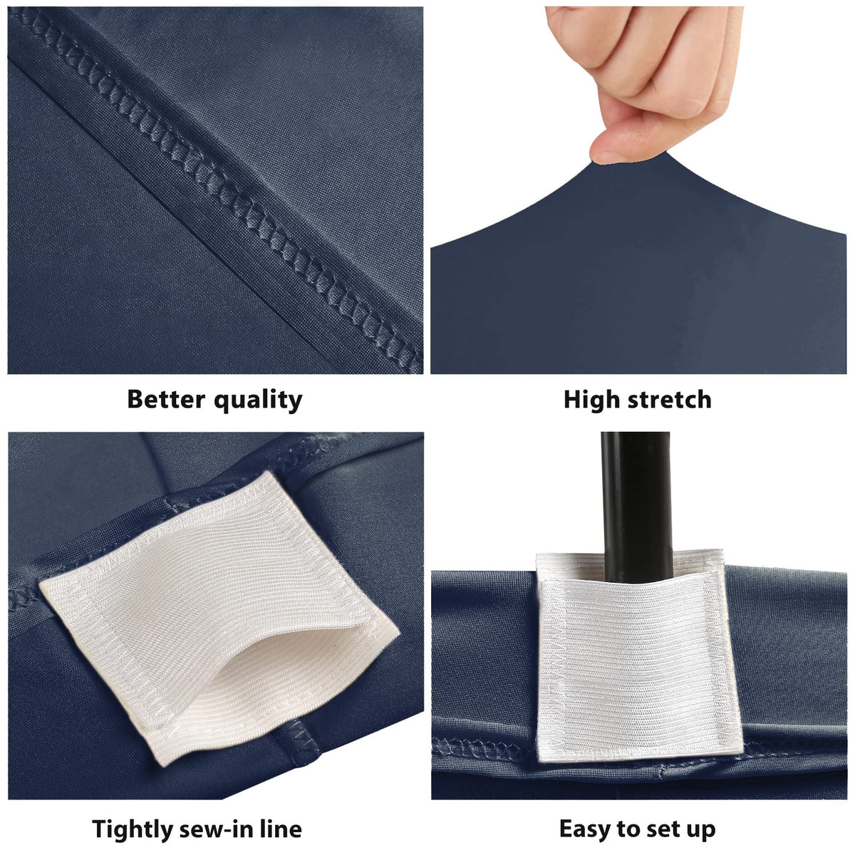 BDDC navy blue pocket-design table cover showing four leg pockets for a secure fit.