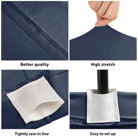 BDDC navy blue pocket-design table cover showing four leg pockets for a secure fit.