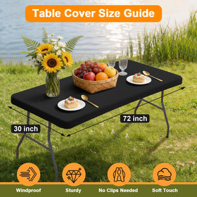 BDDC stretchy fabric table cover shows wrinkle-resistant edges.
