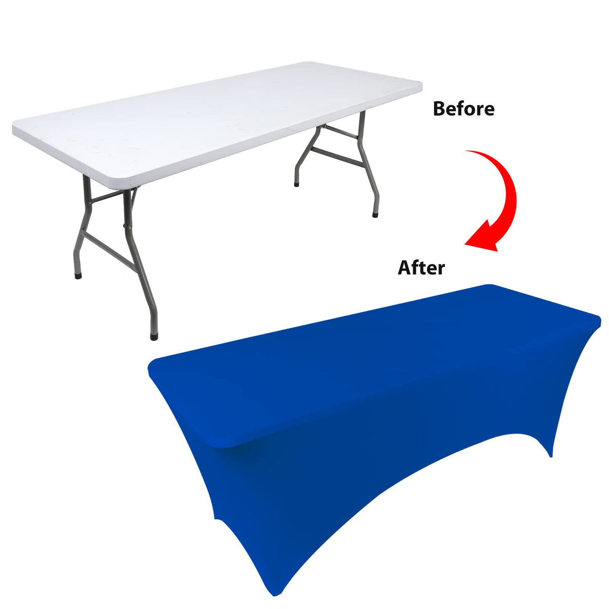BDDC table cover with leg pockets secures the cloth over the table.