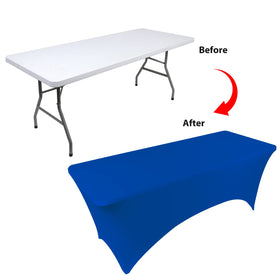 BDDC table cover with leg pockets secures the cloth over the table.