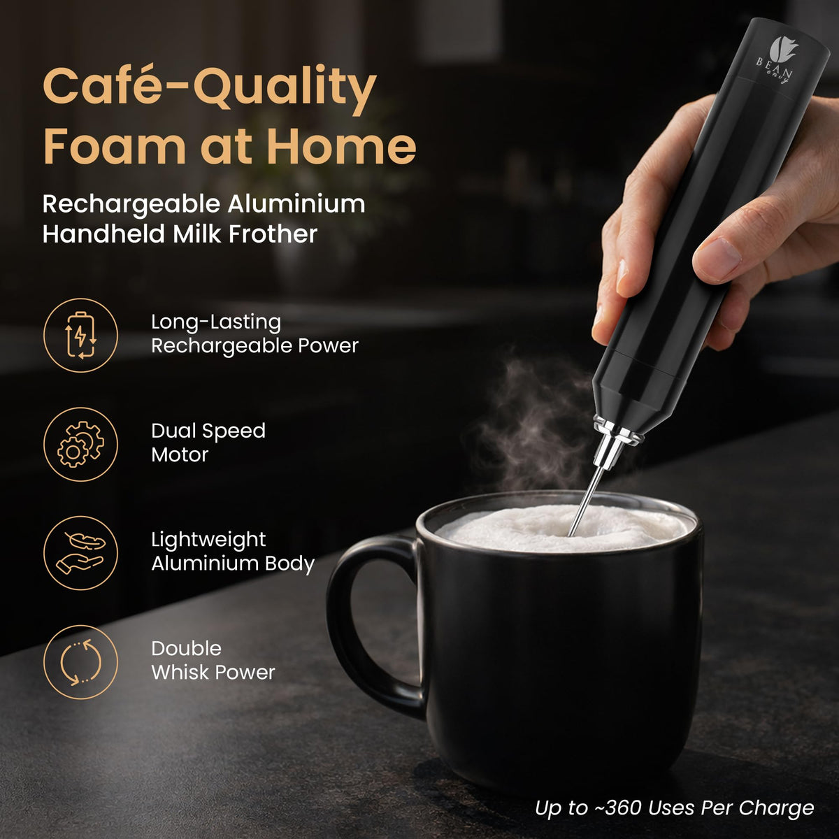 Bean Envy aluminium housing frother with ergonomic design