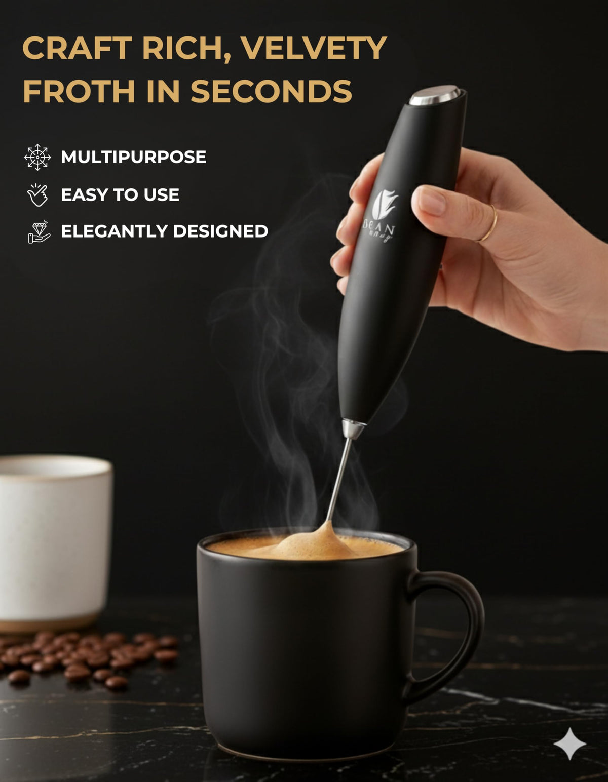 Bean Envy frother stand keeping the handheld whisk organized