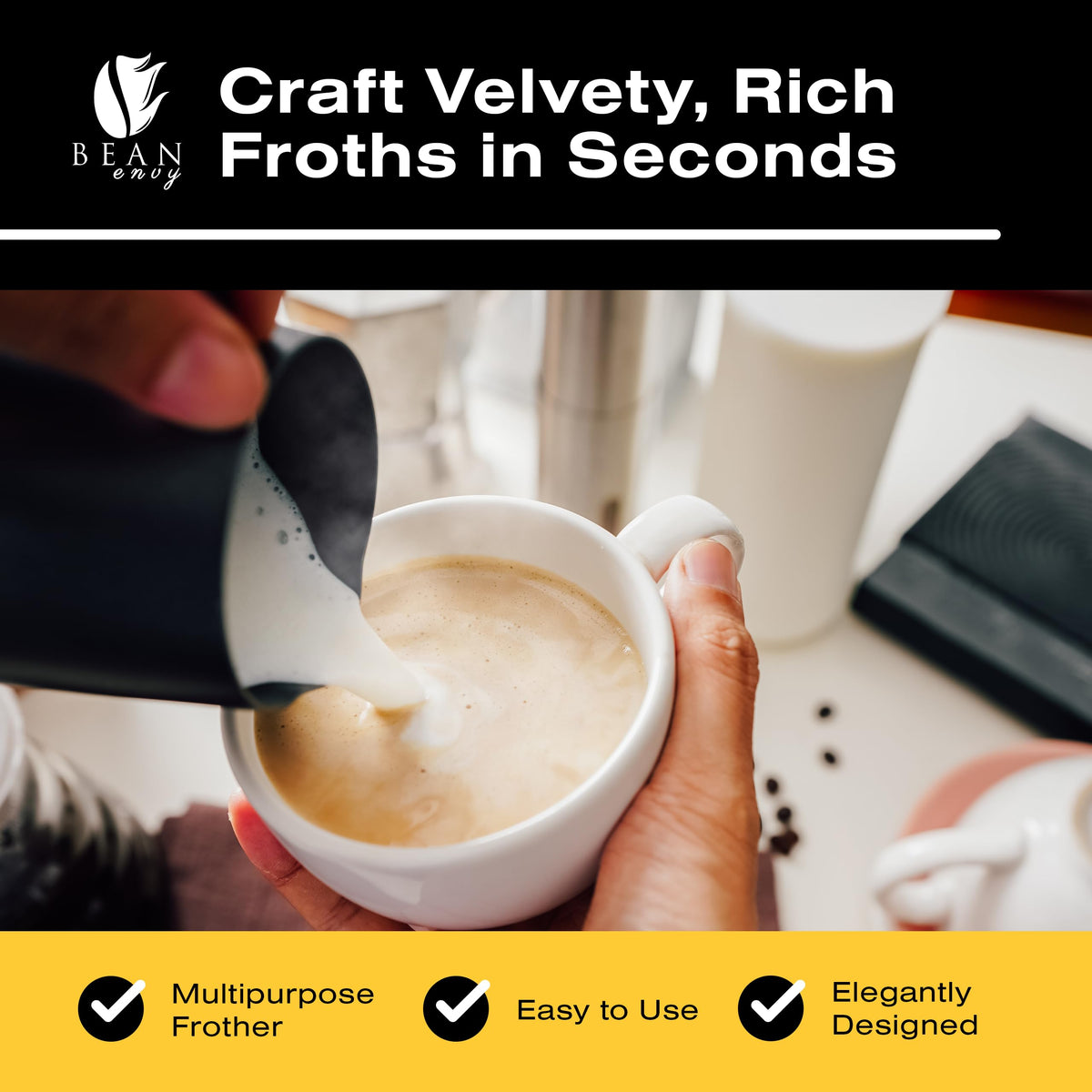 Bean Envy handheld frother wand in action for creamy at-home lattes.