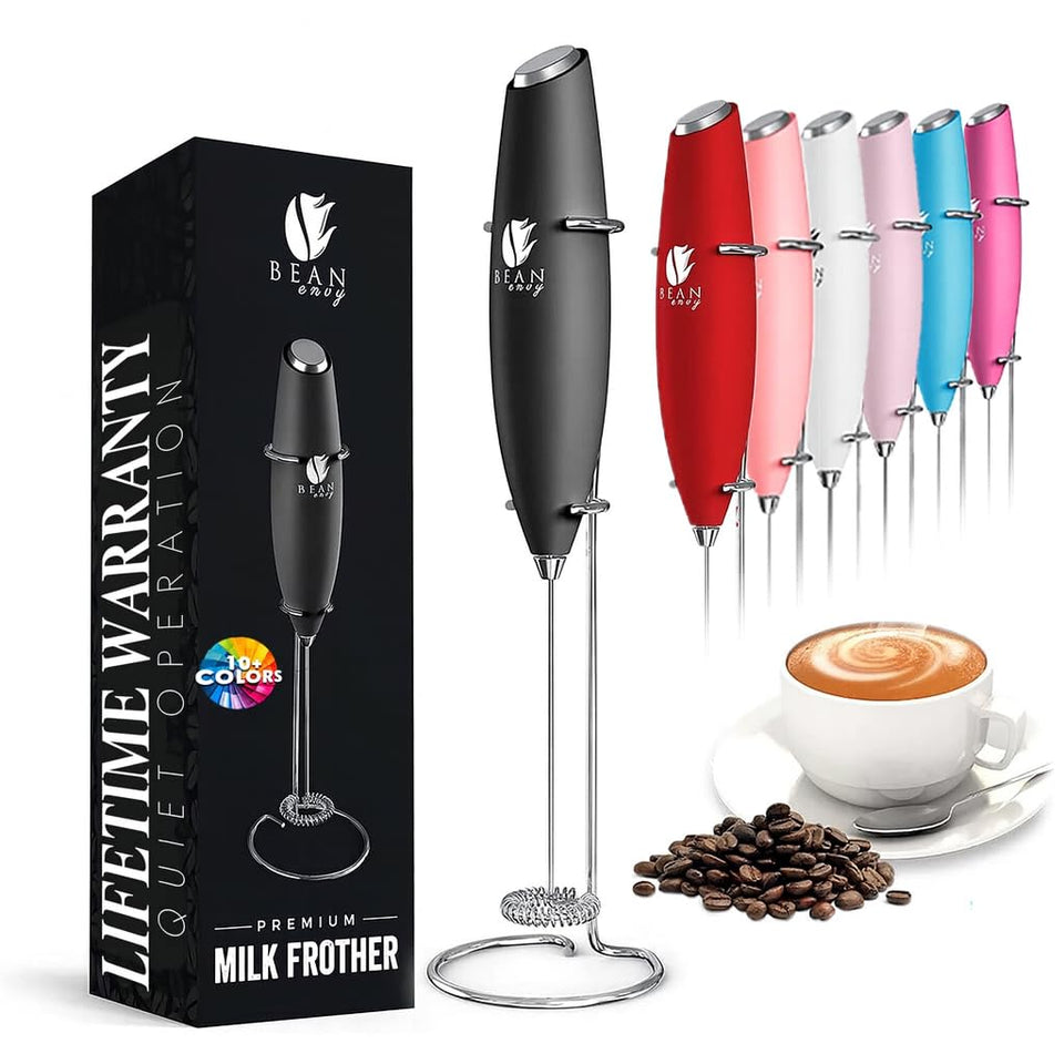 Bean Envy milk frother wand creating café-style foam for lattes