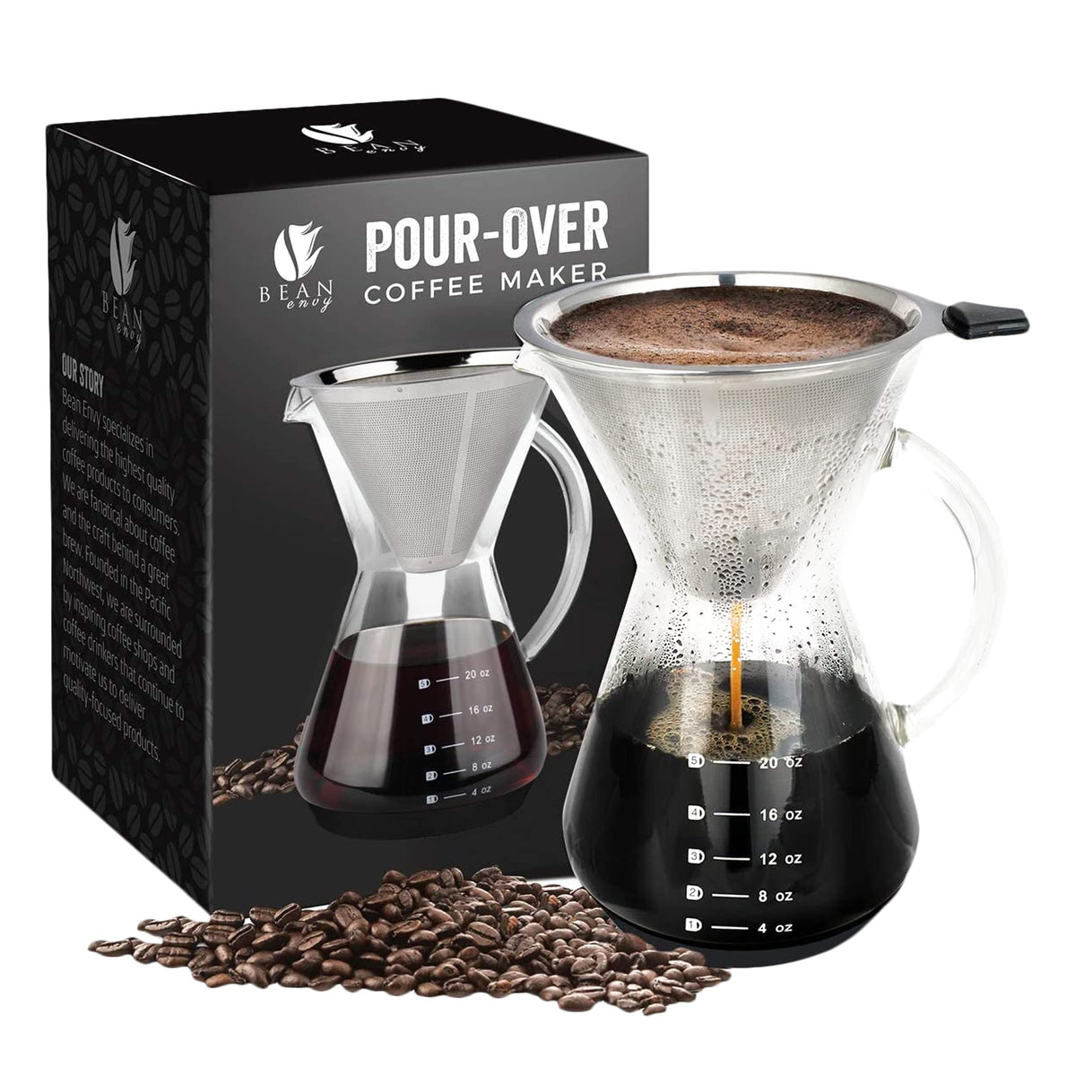 Bean Envy pour-over coffee maker 20-oz glass shows a crisp, café-quality brew at home.