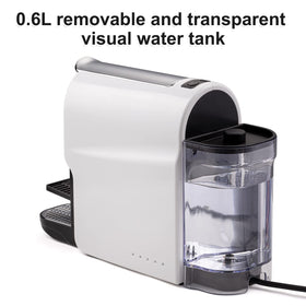 Beanglass espresso pod machine removable water tank for easy refilling.