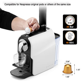 Beanglass espresso pod machine side profile in a modern kitchen setting.