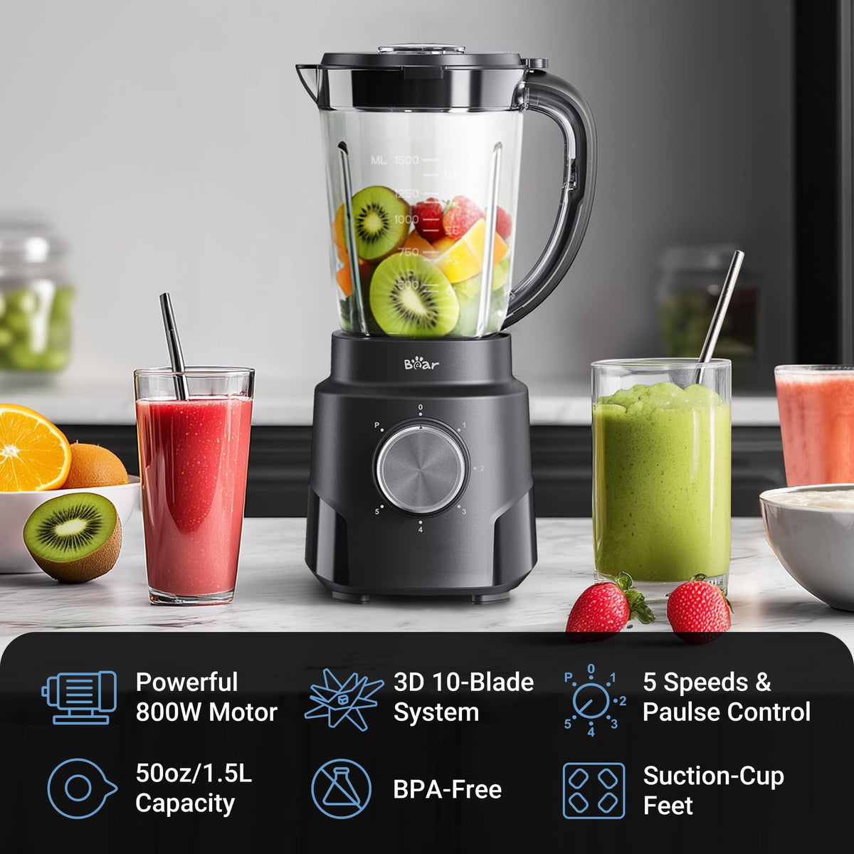 Bear blender 50oz cup assembly highlights large capacity for family drinks