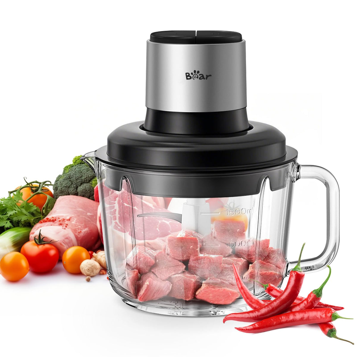 Bear Food Processor with 8-cup glass container for easy ingredient observation.