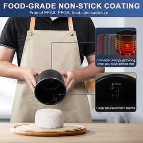 Bear Mini Rice Cooker extended steam port reduces overflow.