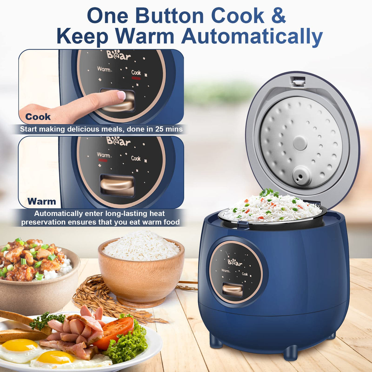 Bear Mini Rice Cooker keep-warm function preserves warmth after cooking.