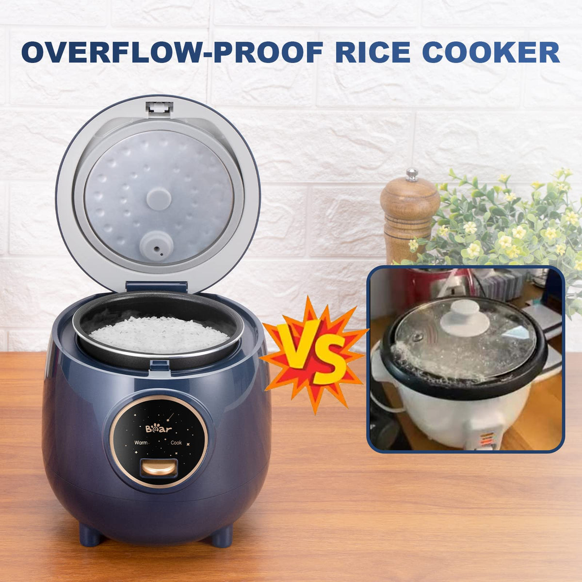 Bear Mini Rice Cooker includes measuring cup and rice paddle.