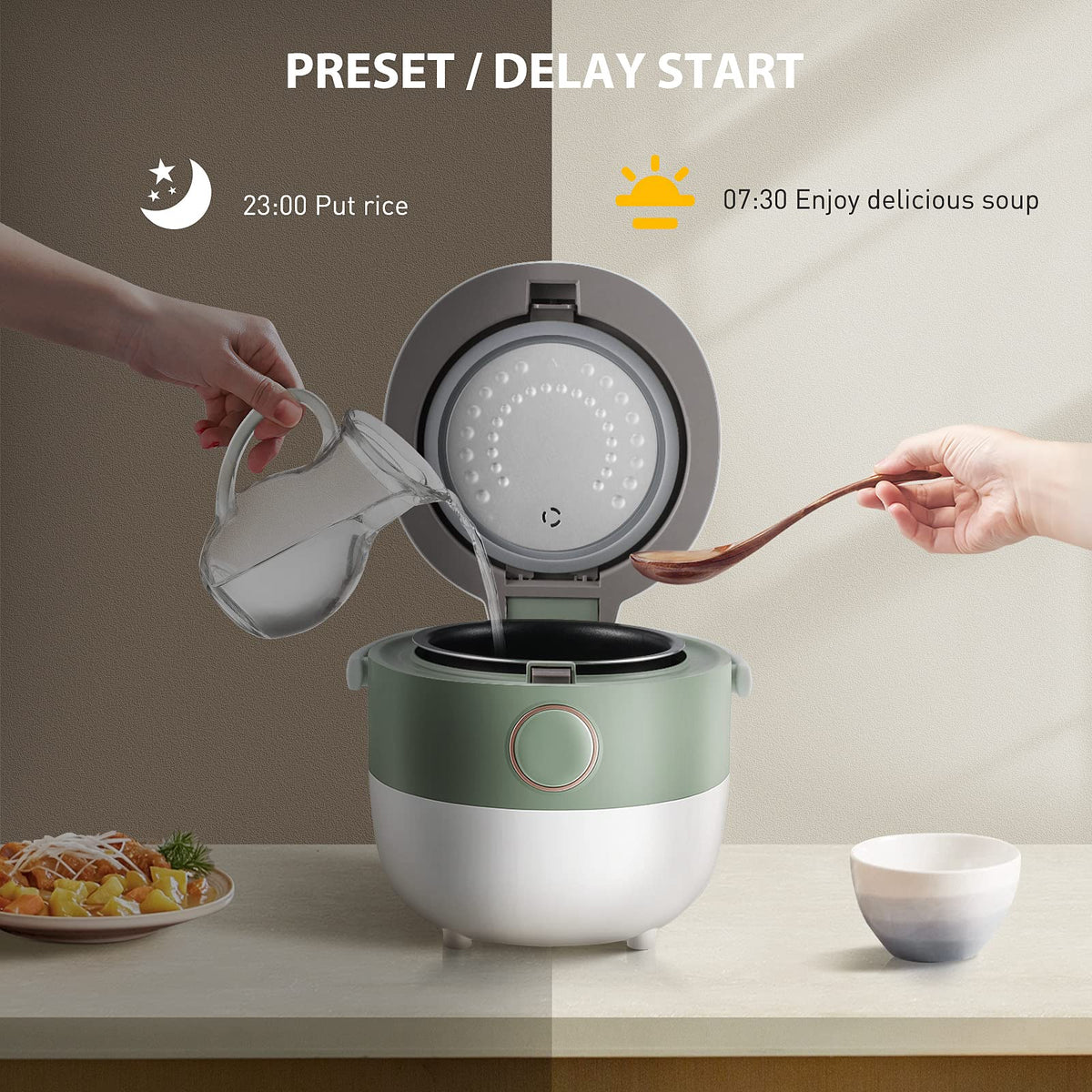 Bear Rice Cooker oatmeal program cooks creamy breakfasts quickly.