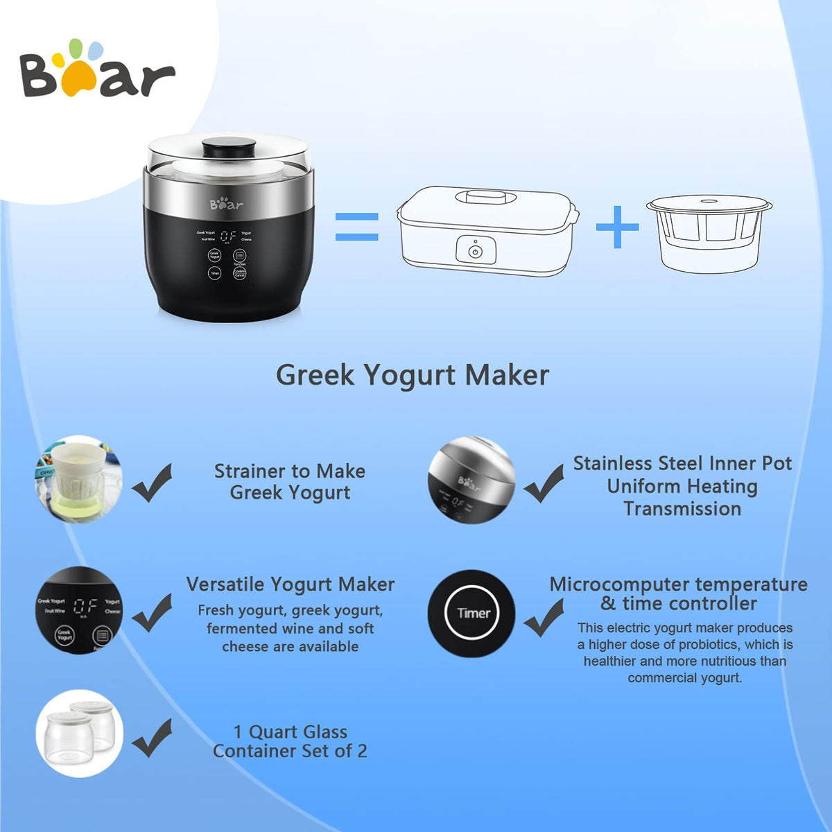 Bear Yogurt Maker locking lid keeps jars sealed during fermentation.