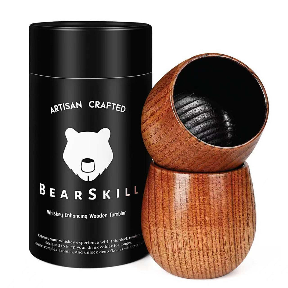 BearSkill Charred Wooden Bourbon Glass closeup shows rich grain for refined sipping.
