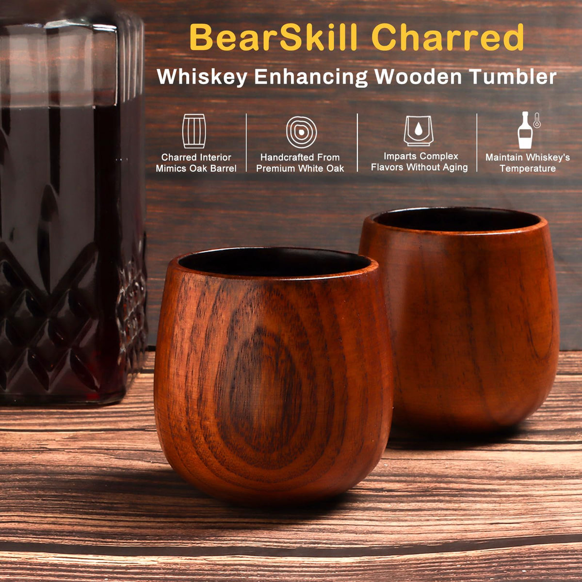 BearSkill Charred Wooden Bourbon Glass on bar elevates home whiskey moments.