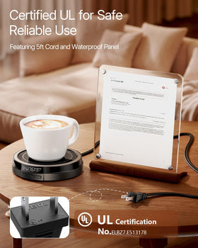 Bearwind mug warmer features timer and auto shut-off for safety.