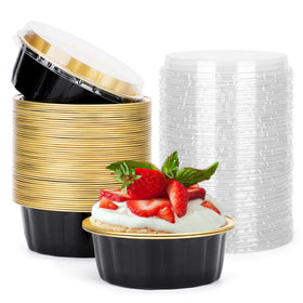 Beasea 8oz disposable ramekins with lids in black-gold pack for single-serving desserts.