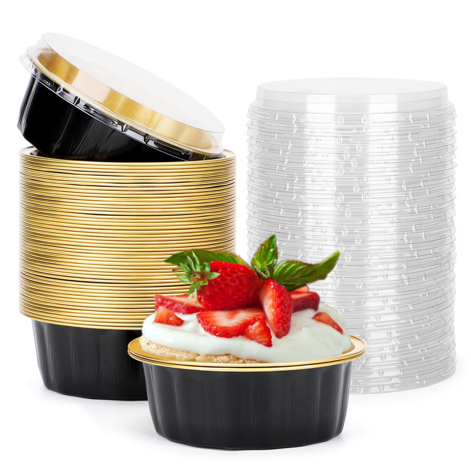 Beasea 8oz disposable ramekins with lids in black-gold pack for single-serving desserts.