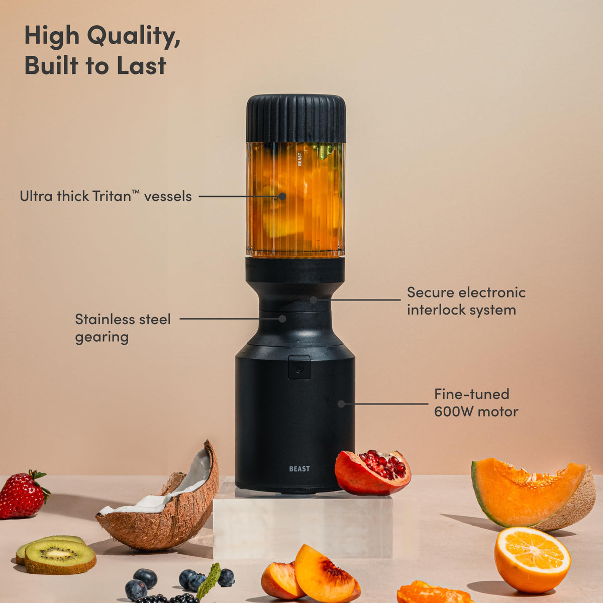 BEAST Mini Blender drinking lid enables on-the-go sipping.
