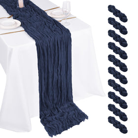 Beautane 10-pack navy blue cheesecloth table runner on a long banquet table for elegant décor.