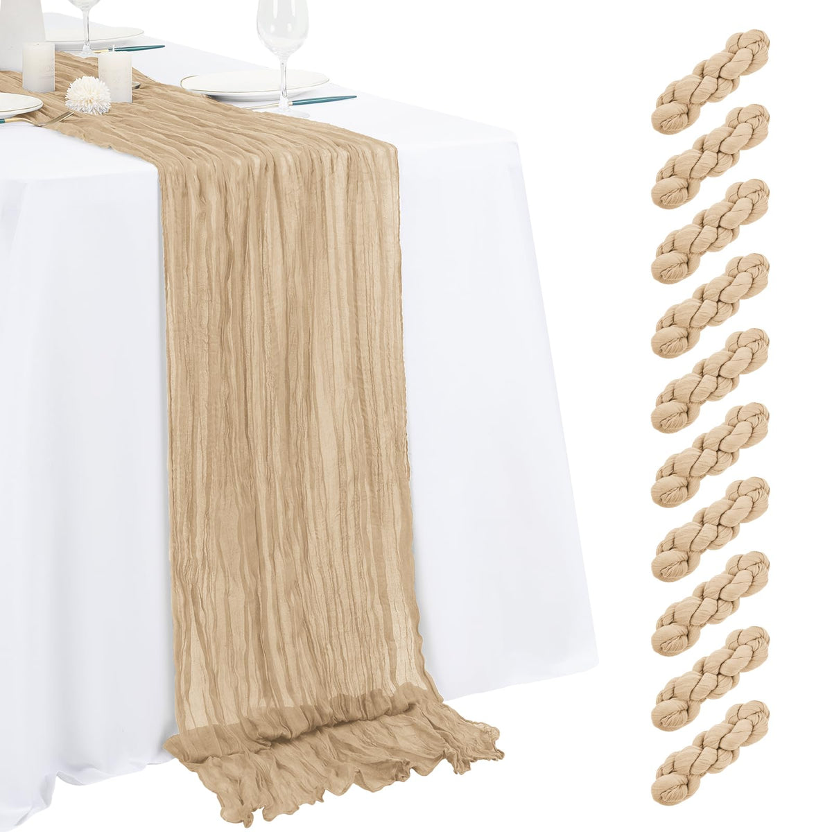 Beautane beige cheesecloth table runner stretched across a long dining table for elegant wedding decor.