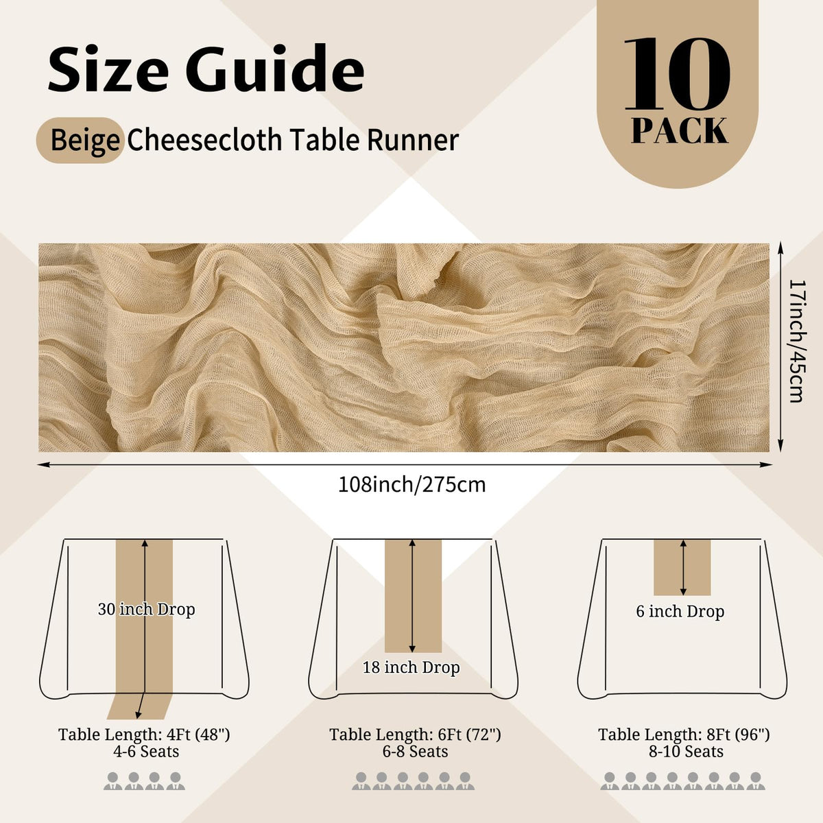 Beautane beige boho gauze runner—pleats add texture to bridal showers.