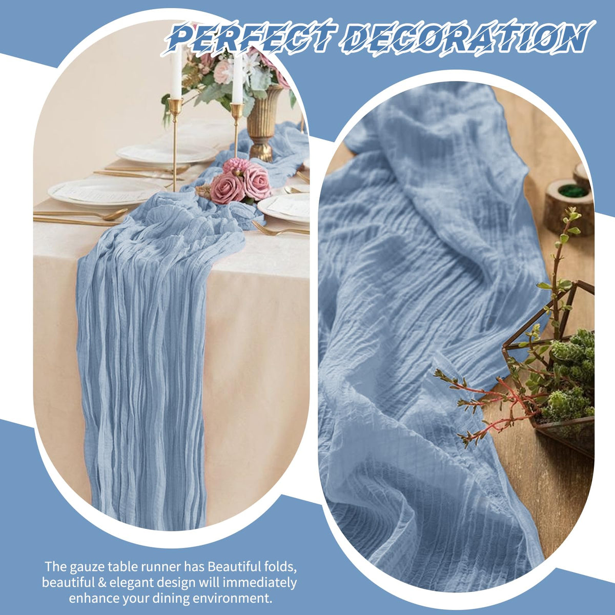 Beautane lightweight gauze runner creates airy, elegant table presentation.