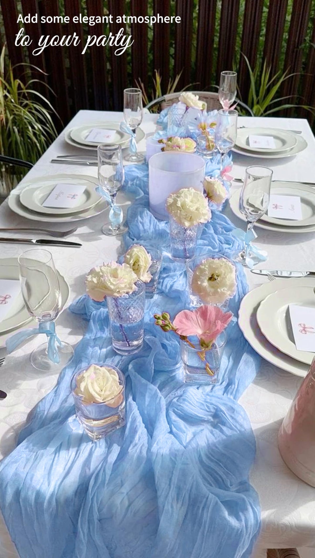 Beautane cheesecloth runner used as chair sash for stylish seating.