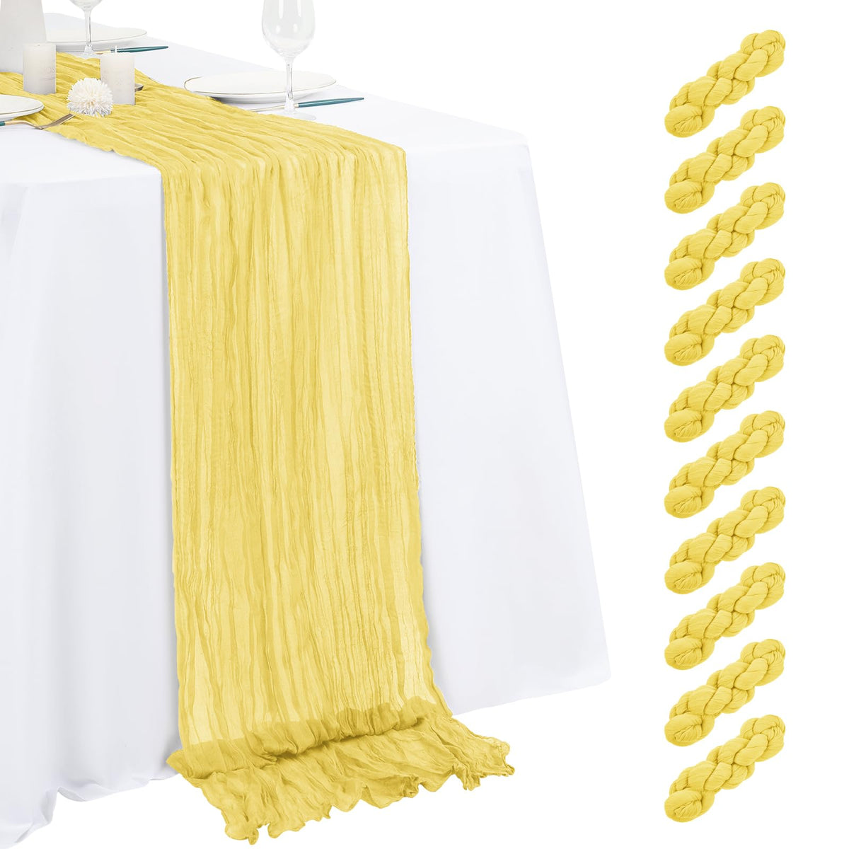 Beautane light yellow cheesecloth table runner with pleats drapes elegantly for weddings.
