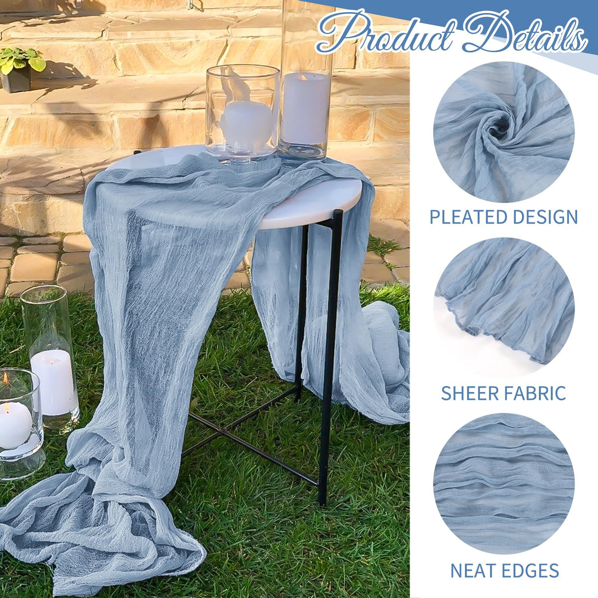 Beautane dusty blue runner features reinforced edges to prevent fraying.
