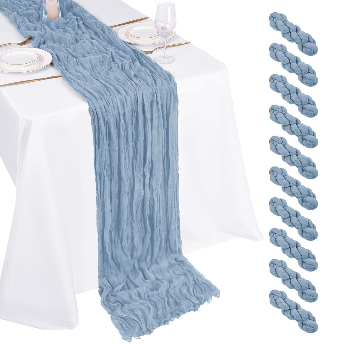 Beautane dusty blue cheesecloth table runner 17x108in with soft drape for weddings.