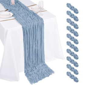 Beautane dusty blue cheesecloth table runner 17x108in with soft drape for weddings.