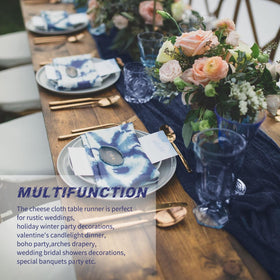 Beautane easy-care navy blue table runner suitable for quick cleaning and reuse.