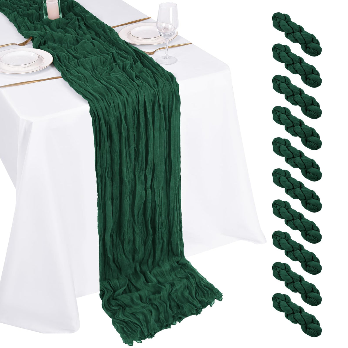 Beautane emerald green cheesecloth table runner for elegant wedding tables.