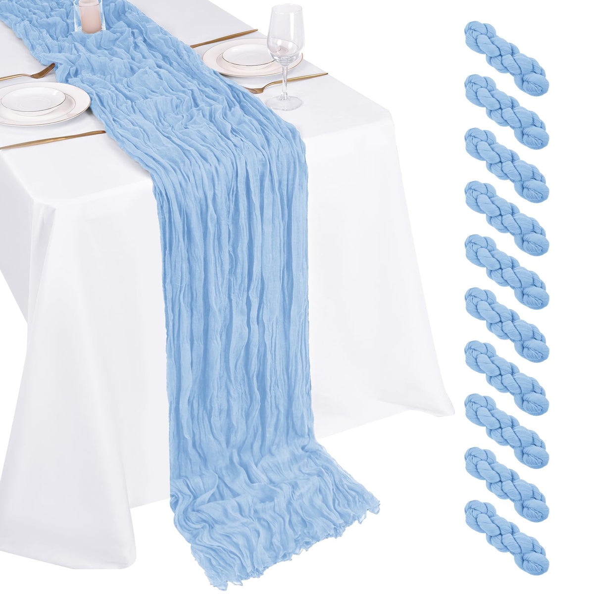 Beautane light blue cheesecloth table runner with soft drape for elegant wedding tables.