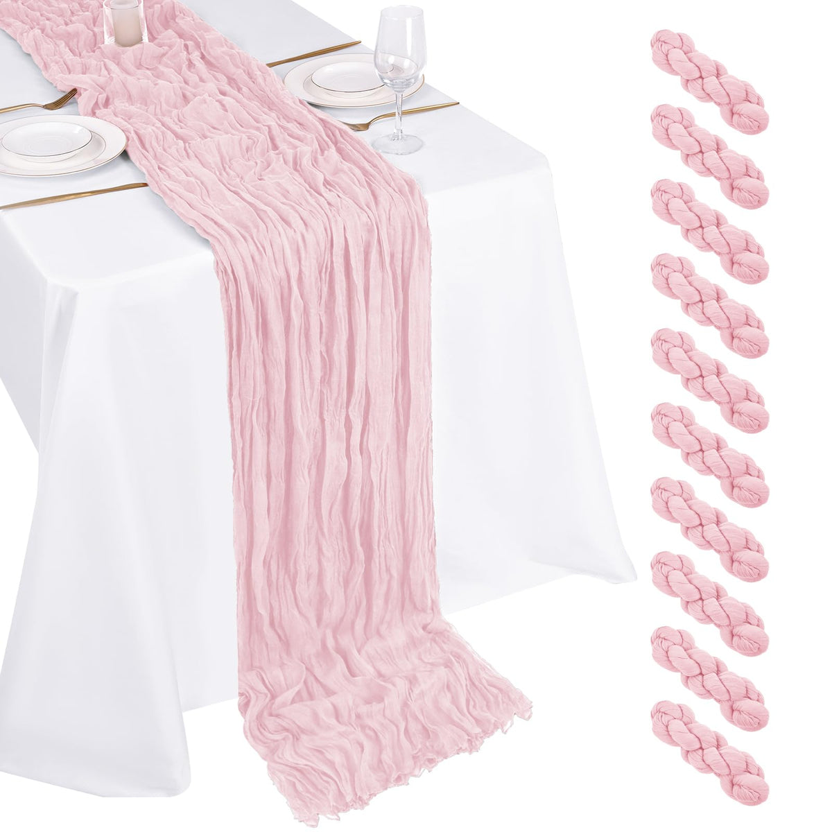 Beautane light pink cheesecloth table runner on a table adds soft romance and charm