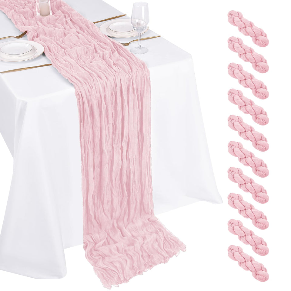 Beautane light pink cheesecloth table runner on a table adds soft romance and charm
