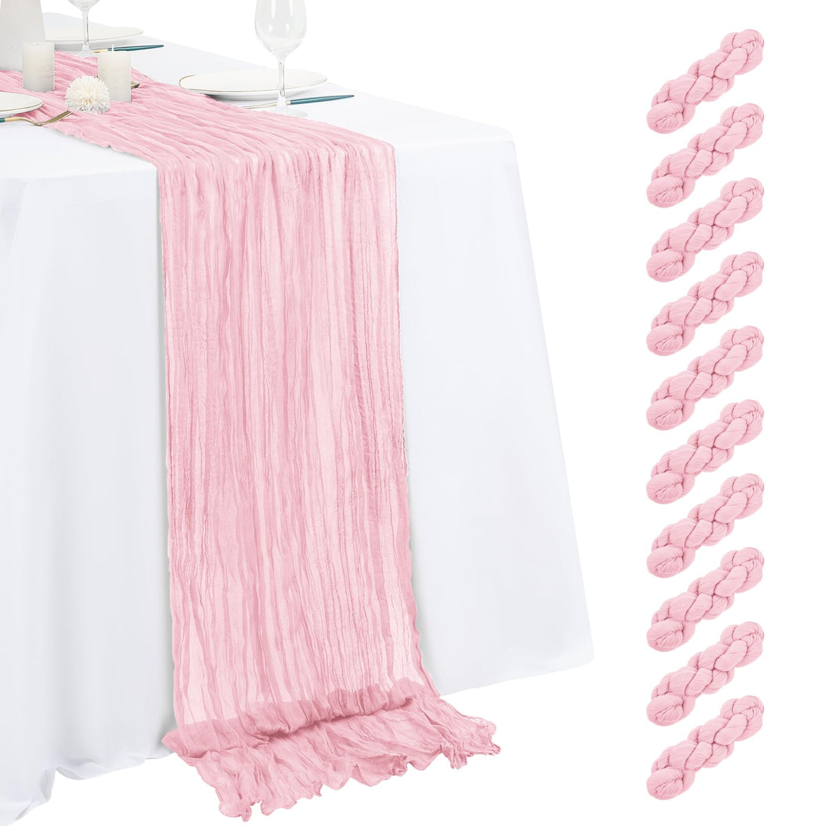 Beautane light pink cheesecloth table runner with soft drape for weddings.