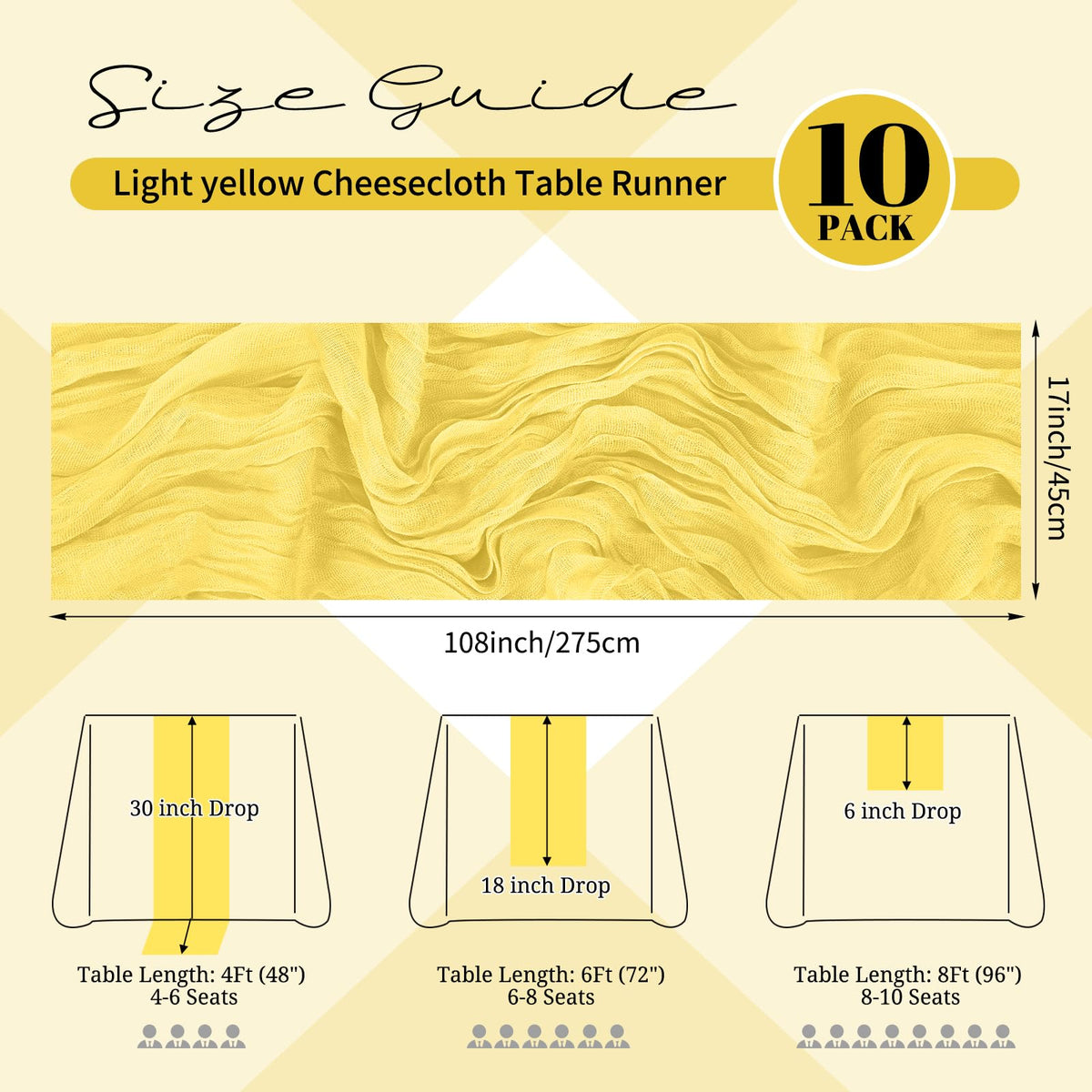 Beautane nine-foot light yellow cheesecloth runner ideal for long tables and backdrops.
