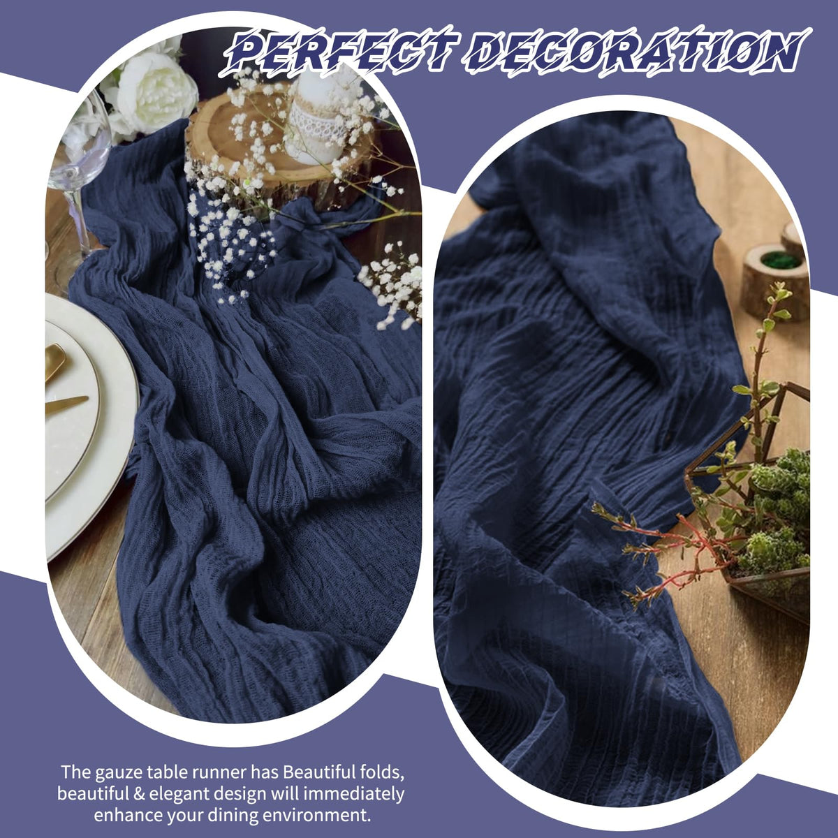 Beautane lightweight sheer navy runner ideal for layering with decor accents.