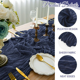 Beautane navy blue cheesecloth runner draping along a wedding arch backdrop.