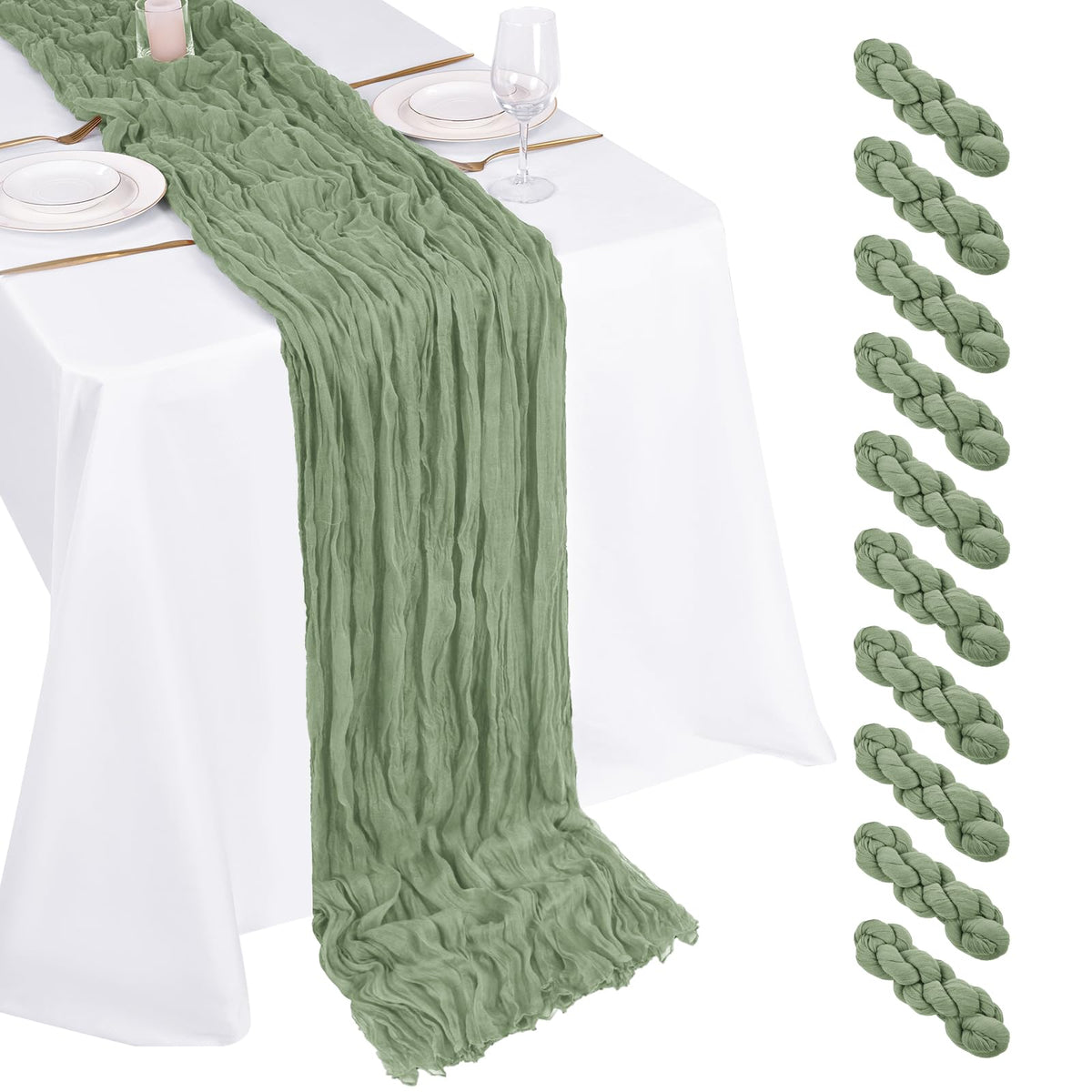 Beautane sage green cheesecloth table runner offers elegant drape for weddings and events.