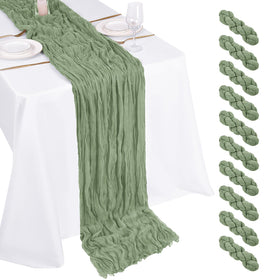 Beautane sage green cheesecloth table runner offers elegant drape for weddings and events.